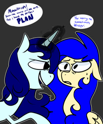 Size: 1024x1229 | Tagged: safe, artist:chandelurres, imported from derpibooru, oc, oc:moonbrush, oc:winter shadow, pegasus, pony, unicorn, dialogue, duo, female, magic, mare, mouth hold, simple background, speech bubble, sweat