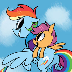 Size: 1024x1024 | Tagged: safe, artist:chandelurres, imported from derpibooru, rainbow dash, scootaloo, pegasus, pony, cloud, duo, female, filly, flying, foal, mare, scootalove, sky, smiling