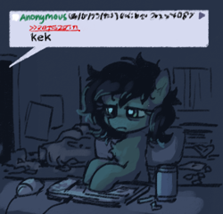 Size: 298x286 | Tagged: safe, artist:plunger, imported from derpibooru, oc, oc only, oc:filly anon, earth pony, pony, 4chan, bags under eyes, can, chair, chest fluff, computer, computer mouse, drawthread, earth pony oc, female, filly, foal, kek, keyboard, messy mane, sitting, solo, tired