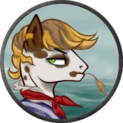 Size: 256x256 | Tagged: safe, artist:saby, derpibooru exclusive, imported from derpibooru, oc, oc only, oc:peppy prancer, earth pony, brown coat, bust, character token, clothes, coat markings, ear piercing, earring, glare, green eyes, jewelry, male, mouth hold, neckerchief, piercing, pinto, pirate, roleplay illustration, shirt, solo, stallion, straw in mouth, the last summer, white coat, yellow mane