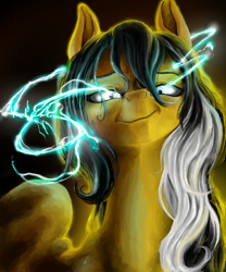 Size: 5000x6000 | Tagged: safe, artist:marrow-pony, imported from derpibooru, oc, pegasus, pony, absurd file size, absurd resolution, black mane, glowing, glowing eyes, lightning, looking at you, solo, two toned mane, white mane, wings, yellow coat, you're fucked
