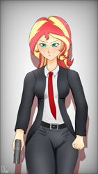 Size: 3000x5334 | Tagged: safe, artist:film77asq, imported from derpibooru, sunset shimmer, human, clothes, female, gradient background, gun, humanized, suit, weapon