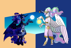 Size: 1280x853 | Tagged: safe, artist:animalstamp, imported from derpibooru, princess celestia, princess luna, anthro, unguligrade anthro, clothes, duo, female, looking at each other, looking at someone, moon, profile, royal sisters, siblings, sisters, split screen, spread wings, standing, sun, two sides, wings