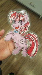 Size: 5312x2988 | Tagged: safe, artist:inkkeystudios, imported from derpibooru, oc, oc only, pony, unicorn, :3, badge, bowtie, looking at you, open mouth, open smile, photo, smiling, solo, traditional art