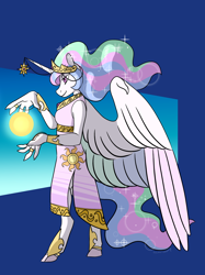 Size: 1280x1710 | Tagged: safe, artist:animalstamp, imported from derpibooru, part of a set, princess celestia, anthro, unguligrade anthro, clothes, female, profile, solo, spread wings, standing, sun, wings