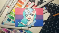 Size: 1205x678 | Tagged: safe, artist:inkkeystudios, imported from derpibooru, oc, oc only, pony, seapony (g4), unicorn, lesbian pride flag, looking at you, open mouth, open smile, photo, pride, pride flag, smiling, solo, traditional art