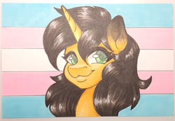 Size: 2154x1491 | Tagged: safe, artist:inkkeystudios, imported from derpibooru, oc, oc only, pony, unicorn, :3, looking at you, photo, pride, pride flag, smiling, solo, traditional art, transgender pride flag