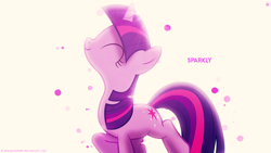 Size: 1920x1080 | Tagged: safe, artist:drakesparkle44, artist:mihaaaa, edit, imported from derpibooru, twilight sparkle, pony, unicorn, circle, eyes closed, female, mare, raised leg, simple background, smiling, solo, unicorn twilight, wallpaper, wallpaper edit, watermark, white background