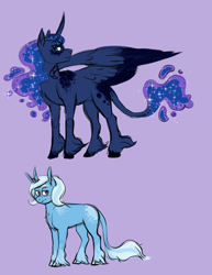 Size: 1280x1656 | Tagged: safe, artist:animalstamp, imported from derpibooru, princess luna, trixie, alicorn, pony, unicorn, colored wings, colored wingtips, leonine tail, looking at you, tail, two toned wings, unshorn fetlocks, wings