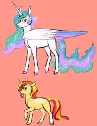 Size: 1280x1656 | Tagged: safe, artist:animalstamp, imported from derpibooru, princess celestia, sunset shimmer, alicorn, unicorn, colored wings, colored wingtips, ears back, looking at you, smiling, sparkles, unamused, wings