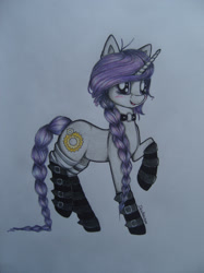 Size: 1024x1366 | Tagged: safe, artist:dexterisse, imported from derpibooru, oc, oc only, oc:windy, pony, unicorn, collar, collar ring, female, horn, mare, simple background, solo, traditional art, unicorn oc, white background