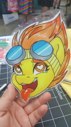 Size: 5312x2988 | Tagged: safe, artist:inkkeystudios, imported from derpibooru, spitfire, human, pony, ahegao, badge, bust, eyes rolling back, goggles, goggles on head, heart, heart eyes, irl, irl human, open mouth, open smile, photo, portrait, smiling, solo, teary eyes, tongue out, traditional art, wingding eyes