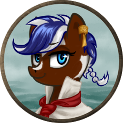 Size: 256x256 | Tagged: safe, artist:saby, derpibooru exclusive, imported from derpibooru, oc, oc only, oc:navy neat, earth pony, pony, blue eyes, bust, character token, clothes, coat markings, ear piercing, earring, female, jewelry, mare, neckerchief, piercing, pinto, pirate, popped collars, queue, roleplay illustration, shirt, smiling, solo, the last summer, two toned mane