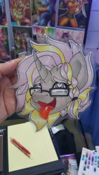 Size: 5312x2988 | Tagged: safe, artist:inkkeystudios, imported from derpibooru, oc, oc only, human, pony, unicorn, ahegao, badge, braid, bust, curved horn, eyes rolling back, glasses, heart, heart eyes, horn, irl, irl human, open mouth, open smile, photo, portrait, smiling, solo, tongue out, traditional art, wingding eyes