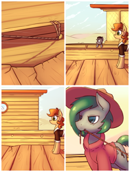 Size: 1242x1642 | Tagged: safe, artist:subjectnumber2394, imported from derpibooru, oc, oc:copper wings, pegasus, pony, ask, ask copper wings, barrel, boat, clothes, colt, comic, female, foal, hat, male, mare, pier, river, ship, stallion, water, wingless