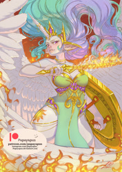 Size: 751x1063 | Tagged: safe, artist:papayapus, imported from derpibooru, princess celestia, elf, human, alicorn humanization, armor, badass, blushing, choker, clothes, crown, dress, elf ears, female, flaming sword, gritted teeth, horned humanization, humanized, jewelry, necklace, patreon, patreon logo, pony coloring, regalia, ring, shield, solo, sword, teeth, warrior, warrior celestia, weapon, winged humanization