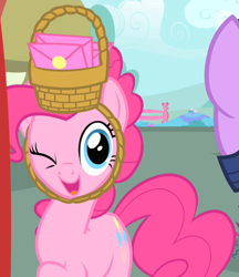 Size: 525x609 | Tagged: safe, imported from derpibooru, screencap, pinkie pie, twilight sparkle, earth pony, pony, unicorn, party of one, season 1, basket, basket hat, cropped, door, hat, offscreen character, one eye closed, smiling, solo focus, unicorn twilight, wink