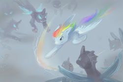 Size: 990x660 | Tagged: safe, artist:elunian, imported from derpibooru, rainbow dash, changeling, pegasus, pony, drone, female, fight, flying, mare, simple background, speedpaint