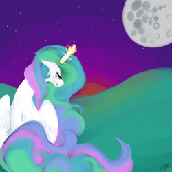 Size: 1024x1024 | Tagged: safe, artist:chandelurres, imported from derpibooru, princess celestia, alicorn, pony, crying, female, magic, mare, moon, solo