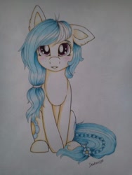 Size: 720x960 | Tagged: safe, artist:dexterisse, imported from derpibooru, oc, oc only, oc:myosotis, female, mare, one ear down, simple background, solo, traditional art, white background