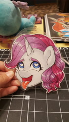 Size: 5312x2988 | Tagged: safe, artist:inkkeystudios, imported from derpibooru, oc, oc only, human, pony, unicorn, ahegao, badge, bust, eyes rolling back, heart, heart eyes, irl, irl human, open mouth, open smile, photo, portrait, smiling, solo, tongue out, traditional art, wingding eyes