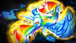 Size: 1920x1080 | Tagged: safe, artist:applejack_yokai, imported from derpibooru, rainbow dash, pegasus, pony, female, lying down, mare, on back, solo, spread wings, traditional art, wings