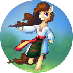 Size: 894x894 | Tagged: safe, artist:elunian, imported from derpibooru, oc, oc only, oc:moldova, earth pony, pony, blurry background, earth pony oc, female, mare, moldova, nation ponies, ponified, raised hoof, standing, standing on one leg