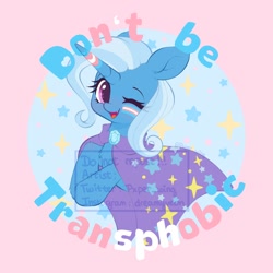 Size: 1500x1500 | Tagged: safe, artist:dreamyveon_, imported from derpibooru, trixie, pony, unicorn, cape, clothes, face paint, female, hat, lgbt, mare, one eye closed, pride, pride flag, solo, trans female, trans trixie, transgender, transgender pride flag, trixie's cape, trixie's hat, wink