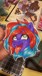 Size: 5312x2988 | Tagged: safe, artist:inkkeystudios, imported from derpibooru, oc, oc only, pony, ahegao, badge, bust, eyebrows, eyebrows visible through hair, eyes rolling back, heart, heart eyes, open mouth, open smile, photo, portrait, smiling, solo, tongue out, traditional art, wingding eyes