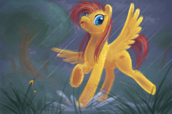 Size: 1000x667 | Tagged: safe, artist:elunian, imported from derpibooru, oc, oc only, pegasus, puddle, rain, solo, speedpaint, splash, spread wings, tongue out, wings