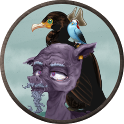 Size: 256x256 | Tagged: safe, artist:saby, derpibooru exclusive, imported from derpibooru, oc, oc only, oc:triple-peg, bird, pony, bags under eyes, bald, beard, budgie, bust, cataracts, character token, cormorant, ear piercing, earring, facial hair, floppy ears, hat, jewelry, male, moustache, old, pet, piercing, pirate, roleplay illustration, shoulder bird, sitting on person, sitting on pony, skinny, stallion, the last summer, torn ear, wrinkles
