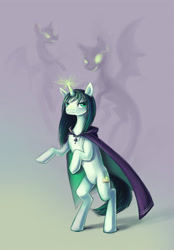 Size: 720x1033 | Tagged: safe, artist:elunian, imported from derpibooru, oc, oc only, ghost, pony, undead, unicorn, cape, clothes, glowing, glowing eyes, glowing horn, horn, looking at you, necromancer, raised hooves, simple background, standing on two hooves