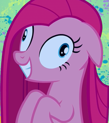 Size: 631x712 | Tagged: safe, imported from derpibooru, screencap, pinkie pie, earth pony, pony, party of one, season 1, abstract background, cropped, deranged, female, grin, insanity, mare, pinkamena diane pie, slasher smile, smiling, wall eyed