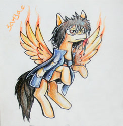 Size: 302x309 | Tagged: safe, artist:elunian, imported from derpibooru, oc, oc only, oc:xanxus, pegasus, angry, clothes, fiery wings, jacket, looking offscreen, scowl, solo, standing on two hooves, traditional art, wings