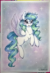 Size: 1024x1485 | Tagged: safe, artist:dexterisse, imported from derpibooru, oc, oc only, oc:fassane, pegasus, female, mare, pegasus oc, solo, starry background, traditional art