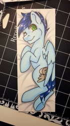 Size: 381x678 | Tagged: safe, artist:inkkeystudios, imported from derpibooru, oc, oc only, oc:slipstream, pegasus, pony, body pillow, body pillow design, looking at you, one eye closed, photo, smiling, solo, traditional art, underhoof, wink, winking at you
