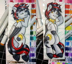 Size: 1474x1310 | Tagged: safe, artist:inkkeystudios, imported from derpibooru, oc, oc only, alicorn, pony, body pillow, body pillow design, colored wings, colored wingtips, eyes closed, looking at you, photo, smiling, solo, traditional art, two toned wings, underhoof, wings
