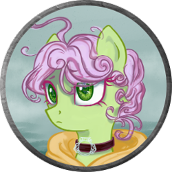 Size: 256x256 | Tagged: safe, artist:saby, derpibooru exclusive, imported from derpibooru, oc, oc only, oc:rose ribband, pony, bust, character token, choker, curly mane, female, green coat, green eyes, hood, pink mane, roleplay illustration, rule 63, serious, the last summer