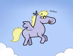 Size: 1134x878 | Tagged: safe, artist:cookie-lovey, imported from derpibooru, derpy hooves, pegasus, pony, female, flying, mare, muffin, open mouth, open smile, smiling, solo, spread wings, style emulation, that pony sure does love muffins, the fairly oddparents, wings