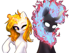 Size: 2700x2000 | Tagged: safe, artist:avrameow, imported from derpibooru, oc, oc only, oc:aurora shinespark, oc:verdant pyre, kirin, nirik, ear piercing, earring, fire, jewelry, magic, magic aura, no source available, one eye closed, piercing, simple background, smiling, white background, white eyes, wink