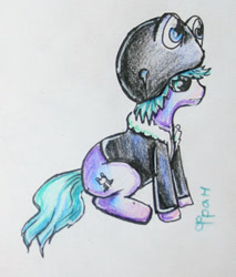 Size: 263x309 | Tagged: safe, artist:elunian, imported from derpibooru, oc, oc only, oc:fran, earth pony, pony, clothes, hat, jacket, looking offscreen, side view, simple background, sitting, solo, traditional art