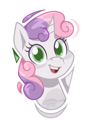 Size: 678x919 | Tagged: safe, artist:imaplatypus, imported from derpibooru, sweetie belle, pony, unicorn, bust, female, filly, foal, open mouth, open smile, portrait, signature, simple background, smiling, solo, white background
