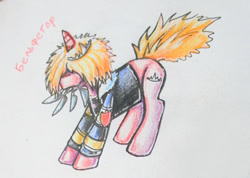 Size: 392x279 | Tagged: safe, artist:elunian, imported from derpibooru, oc, oc only, oc:belphegor, pony, unicorn, clothes, jacket, knife, male, messy mane, simple background, solo, stallion, traditional art