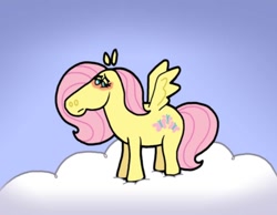 Size: 1134x878 | Tagged: safe, artist:cookie-lovey, imported from derpibooru, fluttershy, pegasus, pony, 2011, blushing, cloud, female, looking away, mare, on a cloud, sky, solo, spread wings, standing on a cloud, style emulation, the fairly oddparents, wings