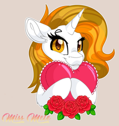 Size: 1200x1268 | Tagged: safe, artist:missbramblemele, imported from derpibooru, oc, oc only, oc:aurora shinespark, pony, unicorn, commission, female, flower, heart, holiday, horn, looking at you, mare, no source available, rose, signature, simple background, smiling, solo, unicorn oc, valentine's day, ych result