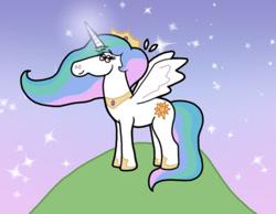 Size: 1134x878 | Tagged: safe, artist:cookie-lovey, imported from derpibooru, princess celestia, alicorn, pony, 2011, evening, female, glowing, glowing horn, horn, lidded eyes, mare, night, solo, spread wings, stars, style emulation, the fairly oddparents, wings