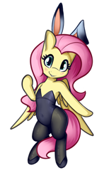 Size: 1249x2131 | Tagged: safe, artist:andelai, imported from derpibooru, fluttershy, pegasus, pony, belly button, bipedal, blushing, bunny suit, bunnyshy, clothes, cute, female, looking at you, mare, shyabetes, simple background, smiling, solo, white background