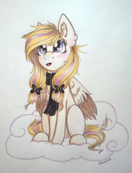 Size: 1024x1342 | Tagged: safe, artist:dexterisse, imported from derpibooru, oc, oc:dexie, pegasus, cloud, female, mare, pegasus oc, simple background, solo, traditional art, white background