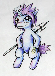 Size: 249x347 | Tagged: safe, artist:elunian, imported from derpibooru, oc, oc only, oc:mukuro, pony, unicorn, male, simple background, solo, stallion, standing on two hooves, traditional art, weapon