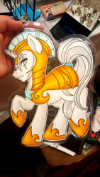 Size: 380x676 | Tagged: safe, artist:inkkeystudios, imported from derpibooru, oc, oc only, pony, unicorn, armor, badge, eye scar, facial scar, frown, looking at you, photo, raised hoof, royal guard, scar, solo, traditional art